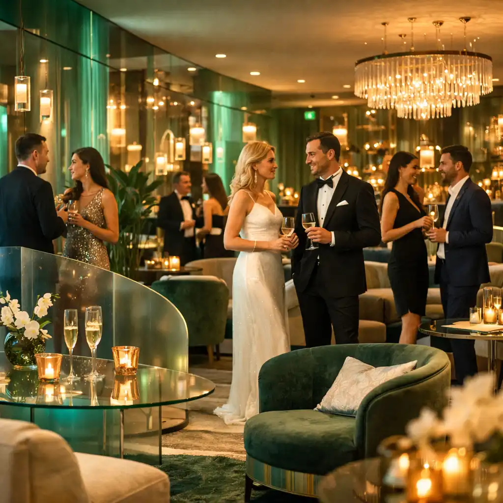 Elegáns lounge esemény hangulatos fényekkel és exkluzív vendégkörrel