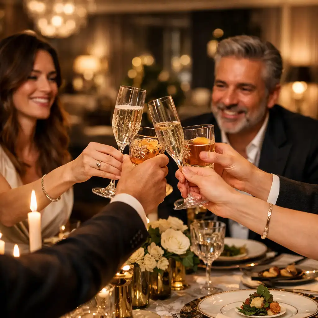 Hangulatos ünnepi pillanat pezsgővel és elegáns dekorációval a Lounge Event Zone egyik rendezvényén