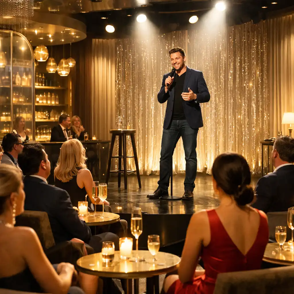 Stand-up humorista reflektorfényben egy elegáns lounge klub színpadán, nevető közönséggel