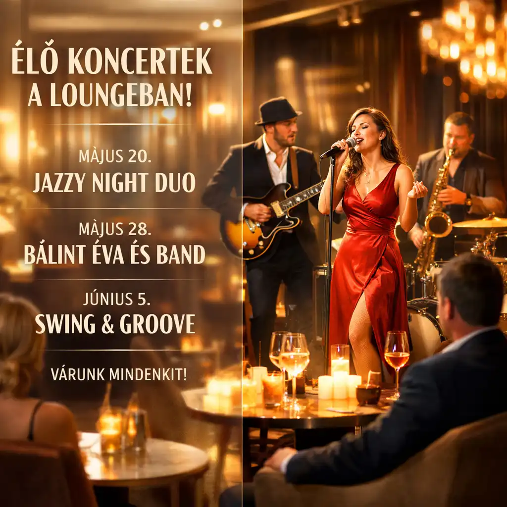 Élőzenei koncert elegáns lounge környezetben, hangulatos fényekkel és prémium közönséggel