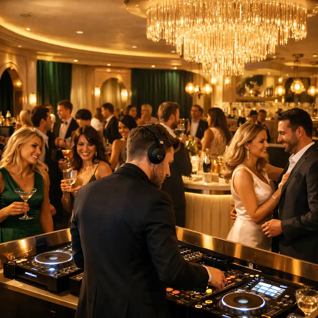Prémium DJ Night hangulat elegáns lounge térrel és táncoló vendégekkel
