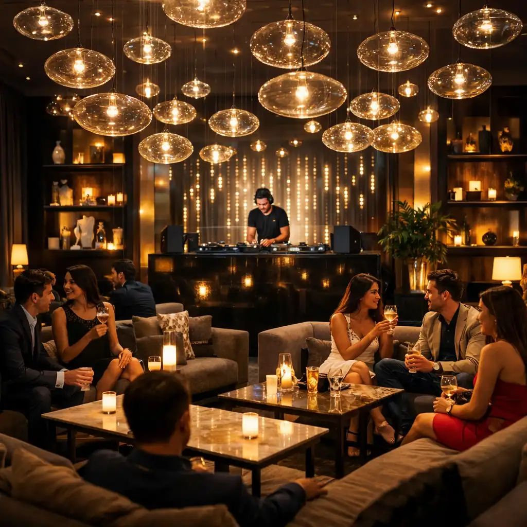 Üvegfalú lounge tér DJ-vel és hangulatos fényekkel