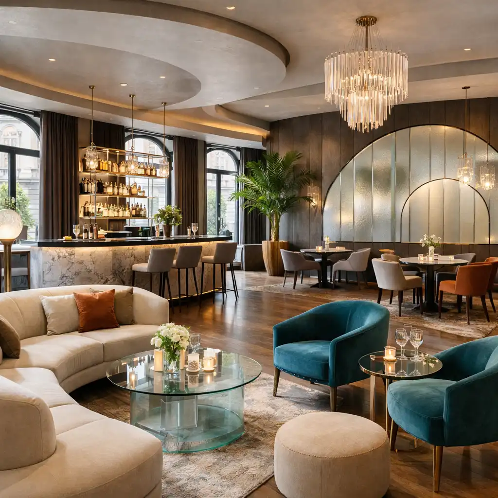 Modern lounge tér elegáns bárpulttal és hangulatos fényekkel